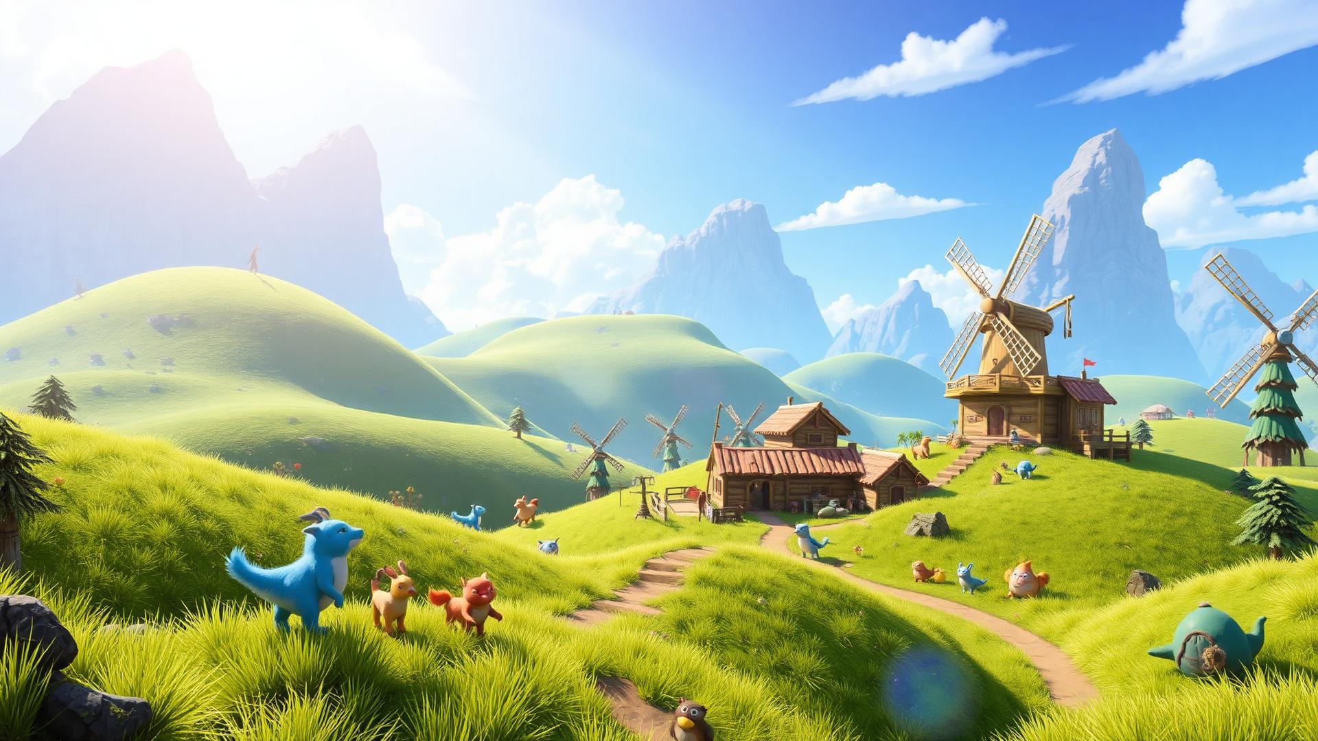 Colorful open-world survival landscape with creature companions and a windmill base