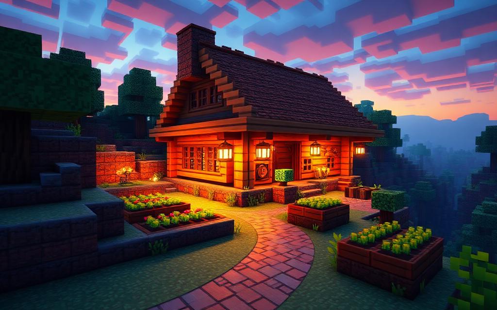 Minecraft survival base at dusk with lanterns, farm plots, and a cobblestone path