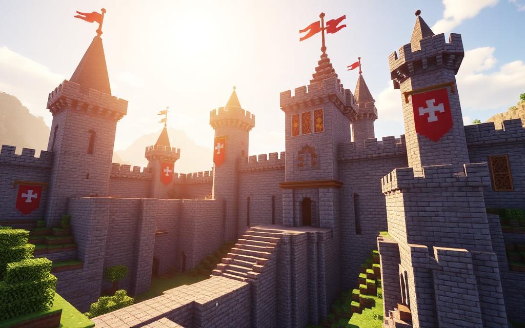 Minecraft medieval castle spawn town with stone walls and banners