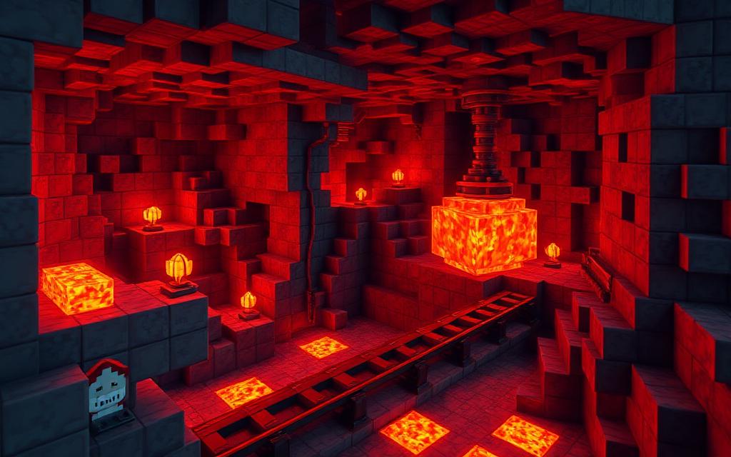 Minecraft underground mine lit by lava with ores, rails, and torches