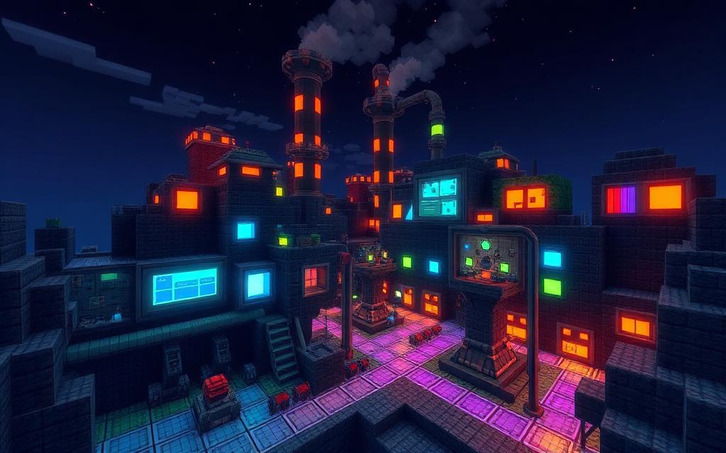 Minecraft modded tech factory base with machines and neon panels at night