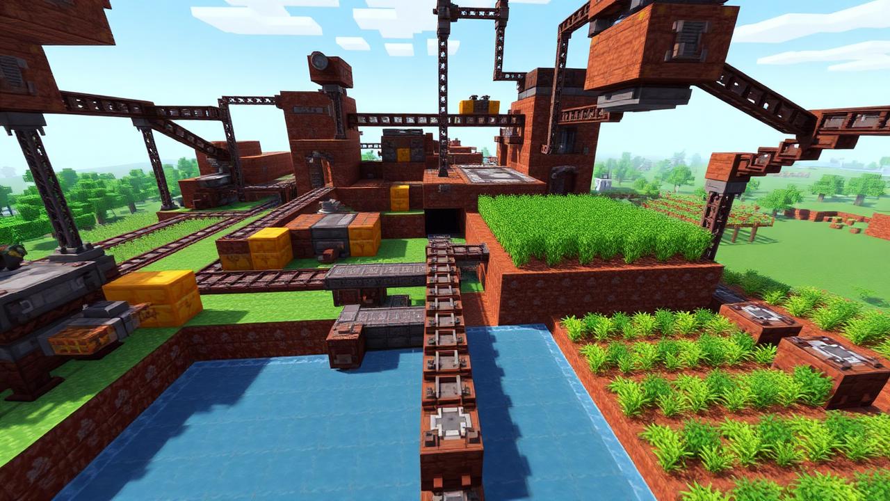 Minecraft redstone contraption room with pistons, repeaters, and hoppers